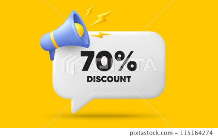 70 percent discount tag. 3d speech bubble banner with megaphone. Sale offer price sign. Special offer symbol. Discount chat speech message. 3d offer talk box. Vector 115164274