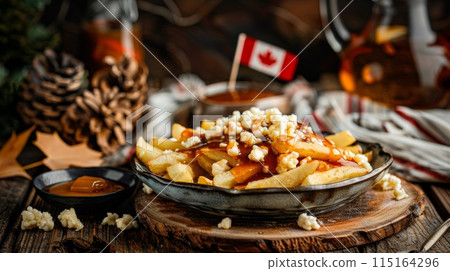 Plate of poutine topped with cheese curds and...-插圖素材 [115164296] - PIXTA圖庫