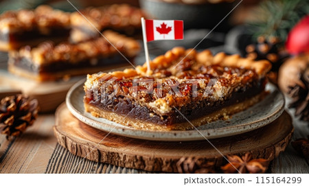 Butter tarts and Nanaimo bars on a plate, with a small Canadian flag, set on a rustic wooden table 115164299