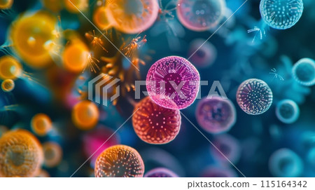 Macro image of colorful microorganisms or viruses under a microscope. Microbiology, virology science 115164342