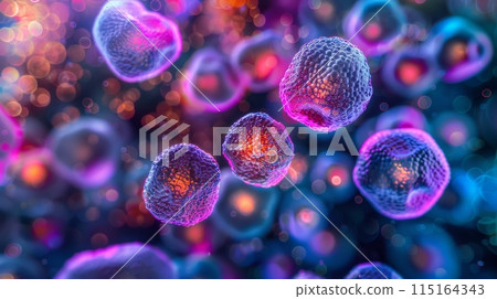 Macro image of colorful microorganisms or viruses under a microscope. Microbiology, virology science 115164343