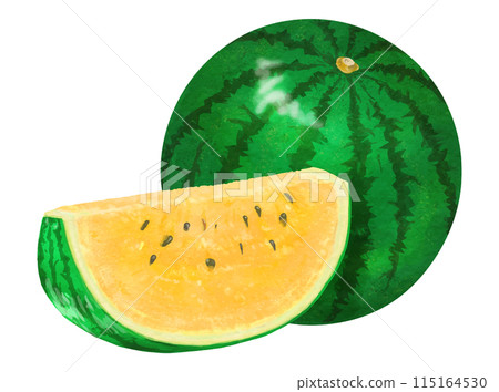 Realistic yellow watermelon with one cut slice Realistic yellow watermelon with one cut slice 115164530