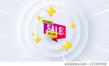 Weekend sale 50 percent off banner. Neumorphic offer 3d banner, coupon. Discount sticker shape. Hot offer icon. Weekend sale promo event background. Sunburst banner, flyer or poster. Vector Weekend sale 50 percent off banner. Neumorphic offer 3d banner, coupon. Discount sticker shape. Hot offer icon. Weekend sale promo event background. Sunburst banner, flyer or poster. Vector 115164538