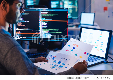 Indian software development working on coding  computer screen and flowchart at night in modern office 115164539