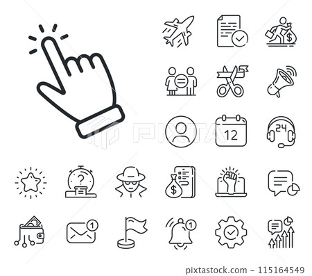 Click action sign. Salaryman, gender equality and alert bell outline icons. Hand cursor line icon. Finger pointer symbol. Cursor line sign. Spy or profile placeholder icon. Vector 115164549