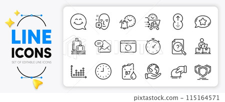 Face declined, Dot plot and Recovery internet line icons set for app include Smile face, Timer, Search document outline thin icon. Shields, New mail, Swipe up pictogram icon. Vector 115164571