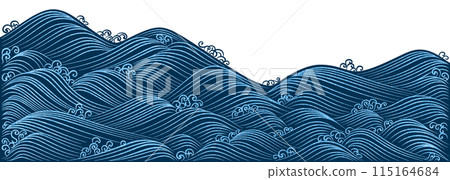 A flowing water pattern with swells of waves drawn in blue foil, a Rinpa-style ocean design 115164684