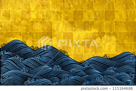 凜巴風格的屏風藝術，藍色箔片上的發光雲描繪出波浪的波濤。 115164686