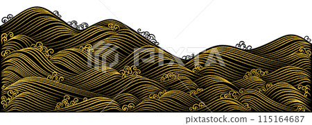 A flowing water pattern with swells of waves drawn in gold leaf, creating a Rinpa-style ocean design A flowing water pattern with swells of waves drawn in gold leaf, creating a Rinpa-style ocean design 115164687