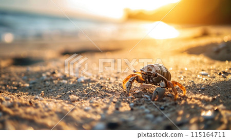 沙灘日落背景的小寄居蟹，可愛的海洋野生動物的鮮豔色彩 115164711