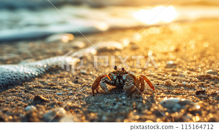 沙灘日落背景的小寄居蟹，可愛的海洋野生動物的鮮豔色彩 115164712