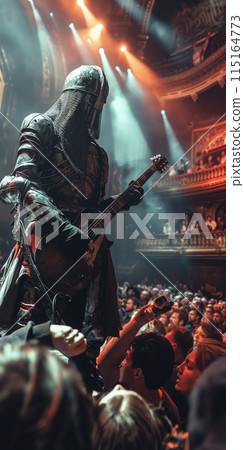 Knight of Rock. Knight in full medieval armor stands on stage with electric guitar in hand, performing to modern crowd 115164773