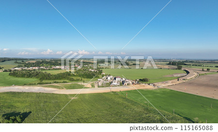 Drone aerial highway in construction Czech Prerov, destruction of agricultural land fields village, remove of people houses and buildings land grabbing extension works additional lanes way new road Drone aerial highway in construction Czech Prerov, destruction of agricultural land fields village, remove of people houses and buildings land grabbing extension works additional lanes way new road 115165088