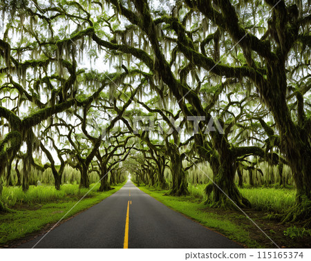 moss trees roadgenerative ai 115165374