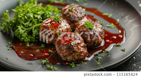 Four Grilled Meatballs With Parsley and Red Sauce on Black Plate 115165824