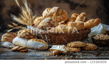 Freshly Baked Bread Assortment In Rustic Basket On Wooden Table 115165839