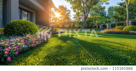 Close Up View of Lush Green Grass in a Suburban Yard During Golden Hour 115165866