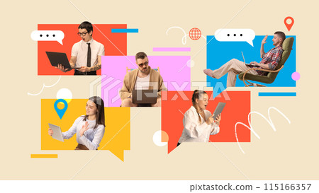 Poster. Contemporary art collage. Professionals engaging in remote work and communication via laptops and tablets against background with speech bubbles. Poster. Contemporary art collage. Professionals engaging in remote work and communication via laptops and tablets against background with speech bubbles. 115166357