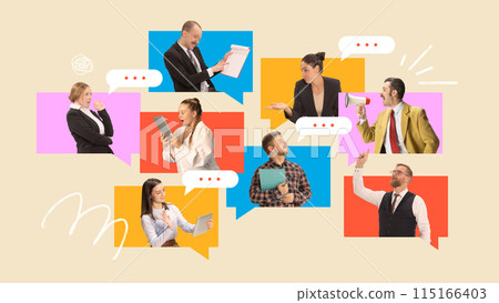 Poster. Contemporary art collage. Workers, each using different devices in colorful speech bubbles, symbolizing dynamic online meeting Poster. Contemporary art collage. Workers, each using different devices in colorful speech bubbles, symbolizing dynamic online meeting 115166403
