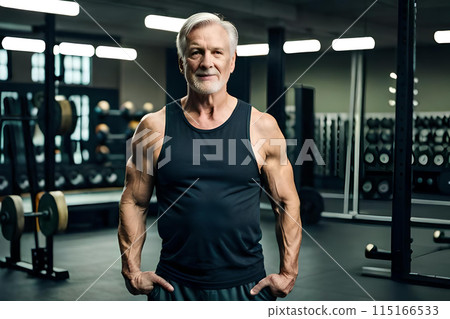 A old man with a beard stands in a gym with a large white beard. 115166533