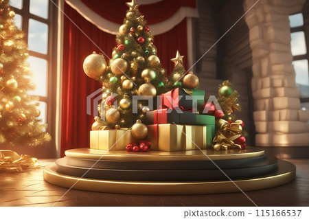 Christmas 3d scene with red and gold podium platform 115166537