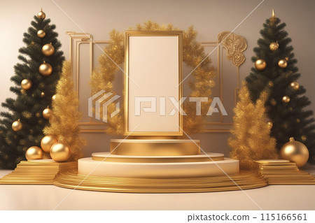Christmas 3d scene with red and gold podium platform 115166561