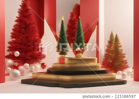 Christmas 3d scene with red and gold podium platform Christmas 3d scene with red and gold podium platform 115166597