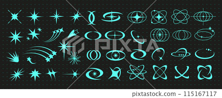 Cyber geometry y2k aesthetic star and planet set, retro abstract rave atom shape graphic, blue neon 90s sparkle element vector, vintage acid figure set, geometric trendy groovy symbol collection Cyber geometry y2k aesthetic star and planet set, retro abstract rave atom shape graphic, blue neon 90s sparkle element vector, vintage acid figure set, geometric trendy groovy symbol collection 115167117