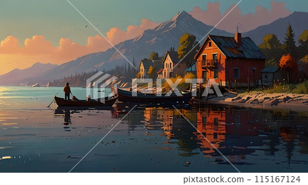 fishing boats moored at sunset fishing boats moored at sunset 115167124