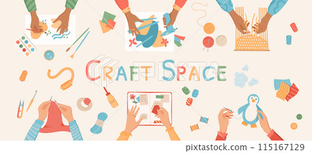 Flat handicraft art workshop banner concept, handmade DIY handcraft activity collection, colorful hands knitting craftwork art class concept, creative hobby top view illustration. 115167129