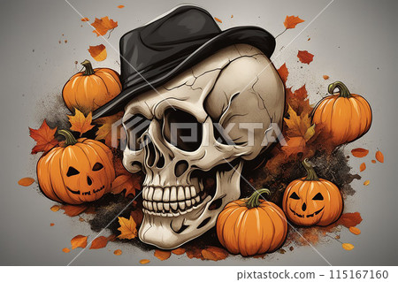 Spooky top view: assorted Halloween items - spiders, creepy skul 115167160