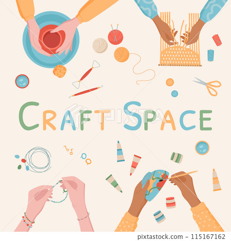 Cartoon handicraft DIY hobby workshop banner, top view colorful hands make pottery art class concept, children handmade painting activity background, creative craftwork group illustration, 115167162