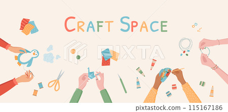 Flat colorful hand craft hobby background, children origami handicraft art activity collection, hands make creative painting and beading craftwork, top view handmade DIY workshop banner concept. 115167186