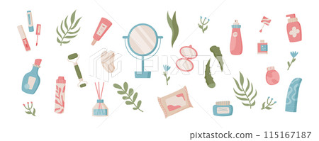 Trendy antiaging skin care product tube collection, flat moisturizing cosmetic jars composition with green leaves, cartoon natural beauty oil bottle, colorful organic skincare pack vector set. Trendy antiaging skin care product tube collection, flat moisturizing cosmetic jars composition with green leaves, cartoon natural beauty oil bottle, colorful organic skincare pack vector set. 115167187
