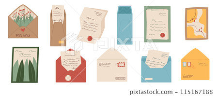 Flat handmade letters and postcards set, cartoon greeting postcard and open handwritten invitation letter with sheet of craft paper, trendy hand written post card design for postcrossing. 115167188