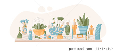 Colorful natural skin care bottle and package composition, flat fashion skincare lotion tube with plants, trendy organic makeup product collection at the shelf, cartoon eco beauty oil jar. Colorful natural skin care bottle and package composition, flat fashion skincare lotion tube with plants, trendy organic makeup product collection at the shelf, cartoon eco beauty oil jar. 115167192