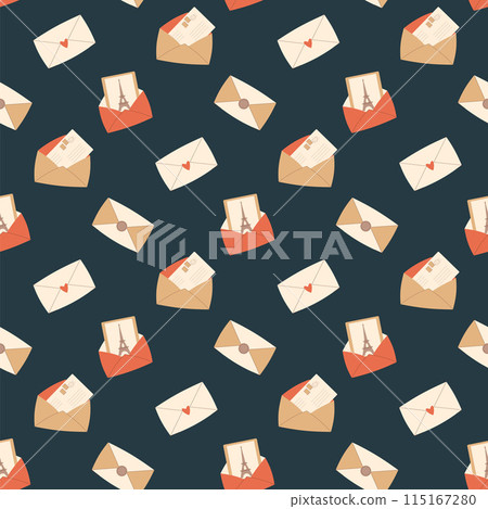 Greeting card in post envelope from France seamless pattern. Eiffel tower and letter and memory endless background. Paris repeat ornament. Vector illustration. Greeting card in post envelope from France seamless pattern. Eiffel tower and letter and memory endless background. Paris repeat ornament. Vector illustration. 115167280