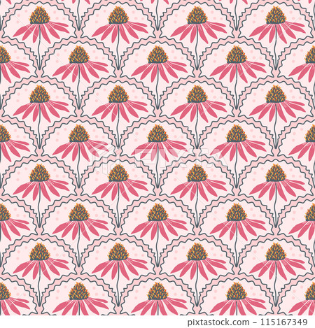 Coneflowers scalloped pattern. Floral vintage endless background. Purple echinacea retro seamless pattern. Vector flat hand drawn illustration. 115167349