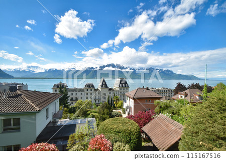 Lake Geneva and the city of Montreux as seen from the Golden Pass Line train window 115167516