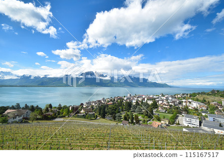 Lake Geneva and the city of Montreux as seen from the Golden Pass Line train window 115167517