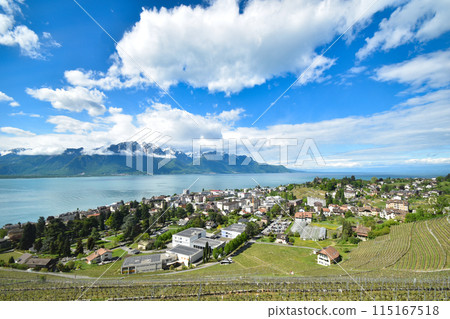 Lake Geneva and the city of Montreux as seen from the Golden Pass Line train window 115167518