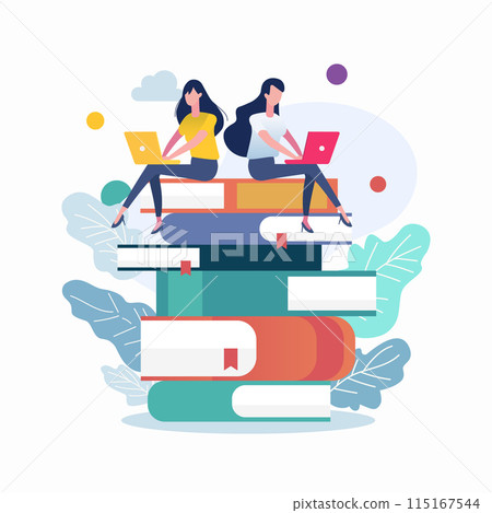 Two women in casual clothes working on laptop computer while sitting on books Two women in casual clothes working on laptop computer while sitting on books 115167544