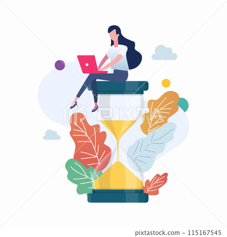 Woman sitting on an hourglass and working on laptop. Deadline and time management concept 115167545