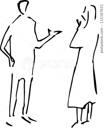 一個男人和一個女人站在一起談論側視圖、橫截面視圖和透視圖 115167631