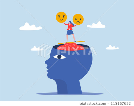 Emotional intelligence balance smile and sad face ,woman menage balance emotion control feeling between work stressed or sadness and happy lifestyle on head human concept vector 115167632