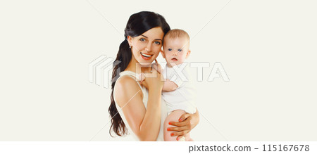 Happy cheerful smiling young mother holding baby on white background Happy cheerful smiling young mother holding baby on white background 115167678