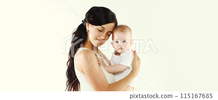 happy young mother holding baby on white studio background happy young mother holding baby on white studio background 115167685
