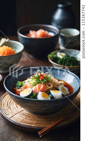 Fresh Japanese sushi. Japanese Asian cuisine. Seafood. Fresh Japanese sushi. Japanese Asian cuisine. Seafood. 115167742