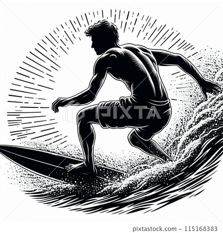 Silhouette of a man surfing in the ocean 115168383