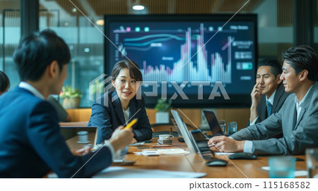 A business team meeting where Japanese people discuss investments A business team meeting where Japanese people discuss investments 115168582